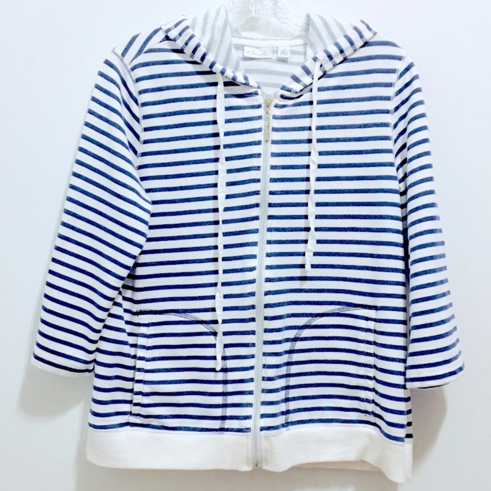 Kim Rogers Women’s Summer Navy Blue/ White Striped Nautical Cotton Zip Up Hoodie